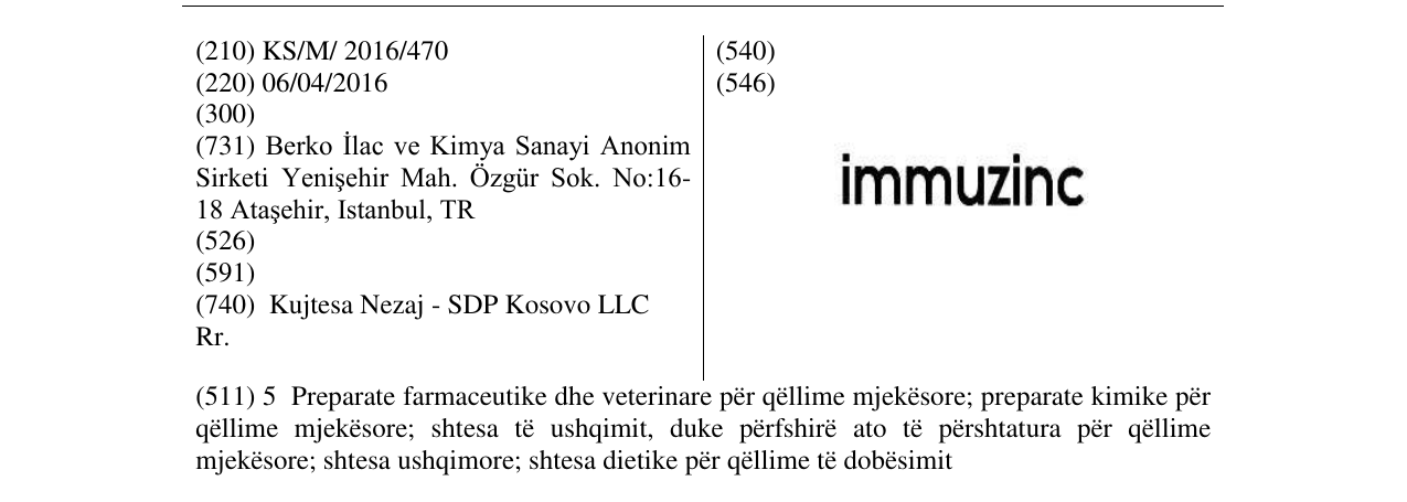 Der Eintrag der Marke immuzinc im Bulletin