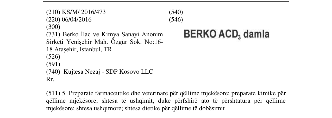 Zëri i markës BERKO ACD3 damla në buletin