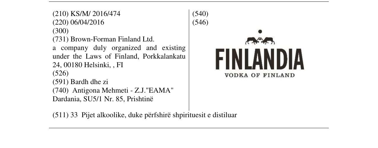 Zëri i markës FINLANDIA VODKA OF FINLAND në buletin