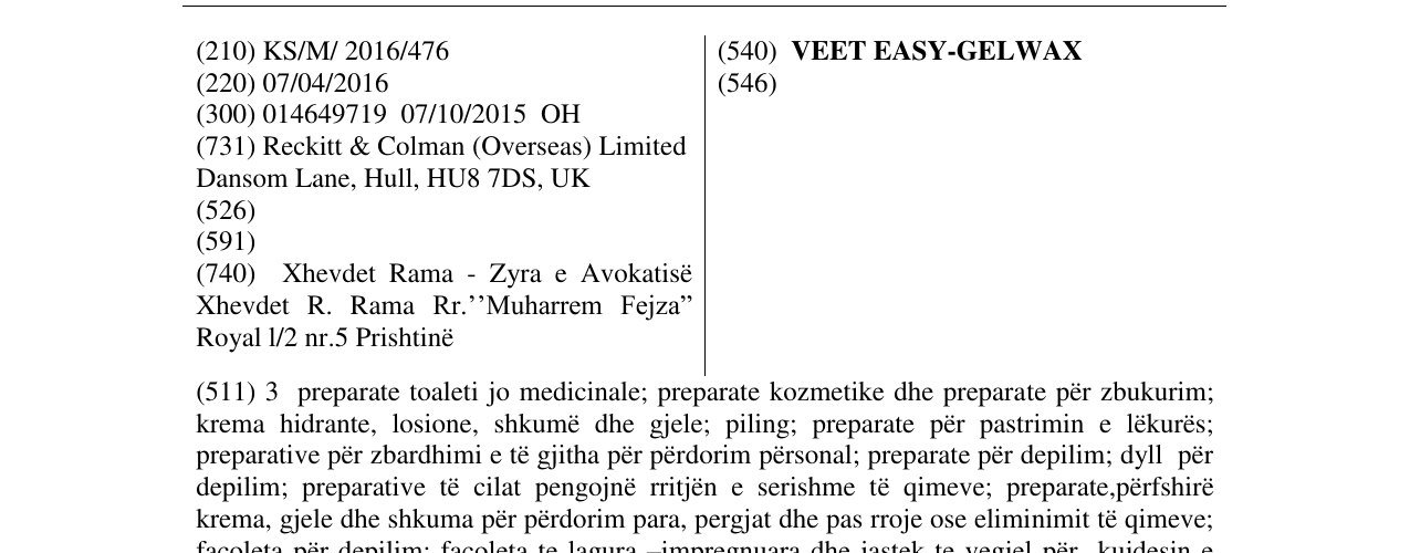Zëri i markës VEET EASY-GELWAX në buletin