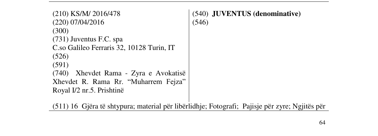 Zëri i markës JUVENTUS (denominative) në buletin