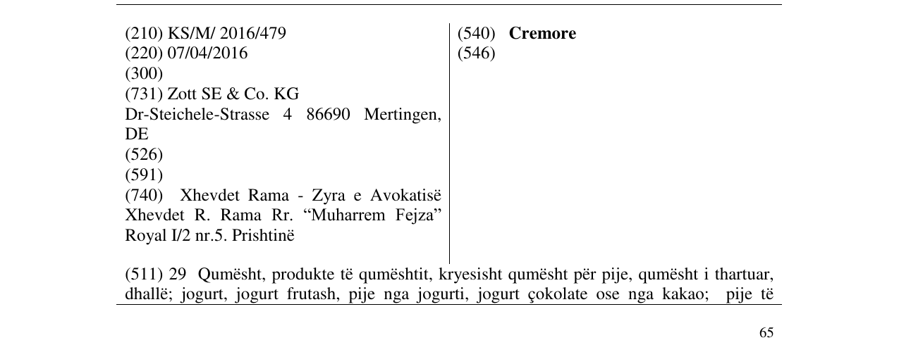 Zëri i markës Cremore në buletin
