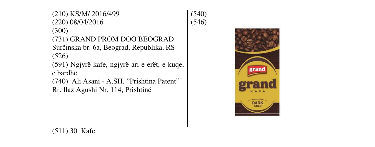 Zëri i markës grand KAFA DARK GOLD në buletin