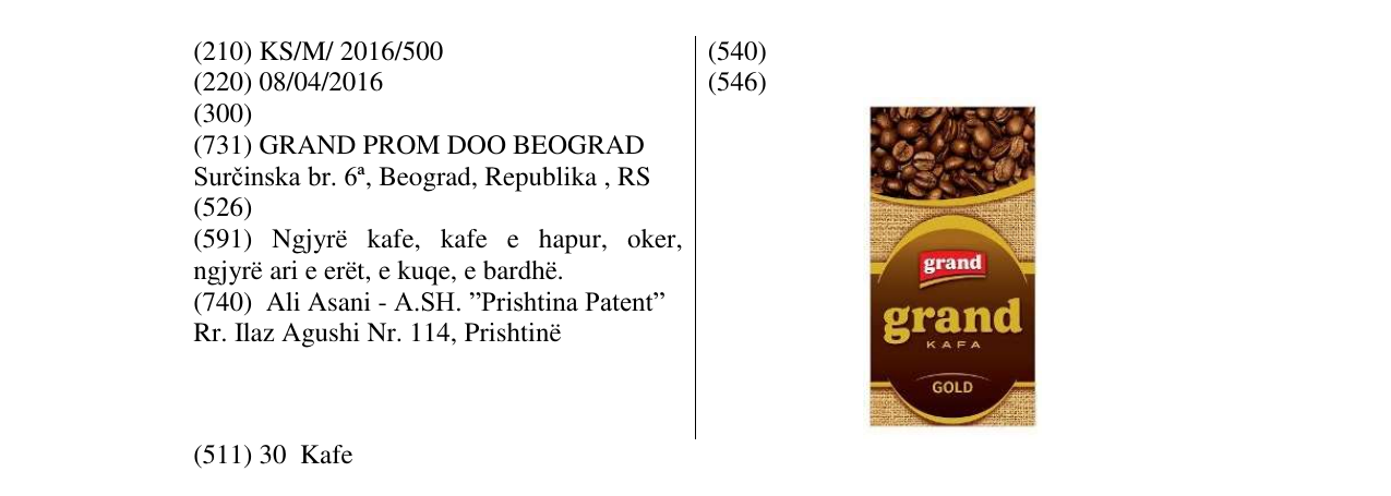 Zëri i markës grand KAFA GOLD në buletin