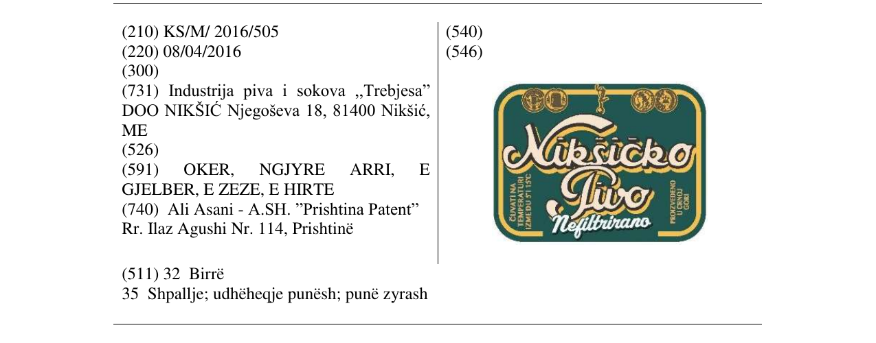 Zëri i markës NIKŠIĆKO PIVO NEFILTRIRANO në buletin