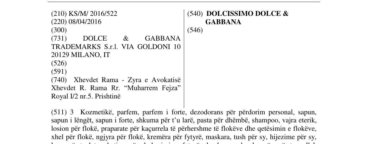 Zëri i markës DOLCISSIMO DOLCE & GABBANA në buletin