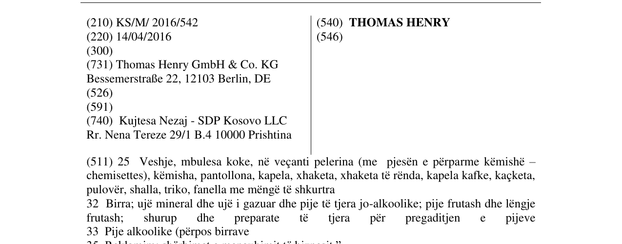 Zëri i markës THOMAS HENRY në buletin