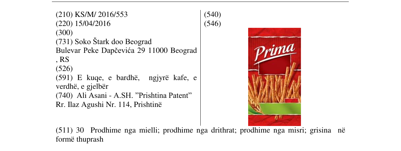 Zëri i markës Prima në buletin