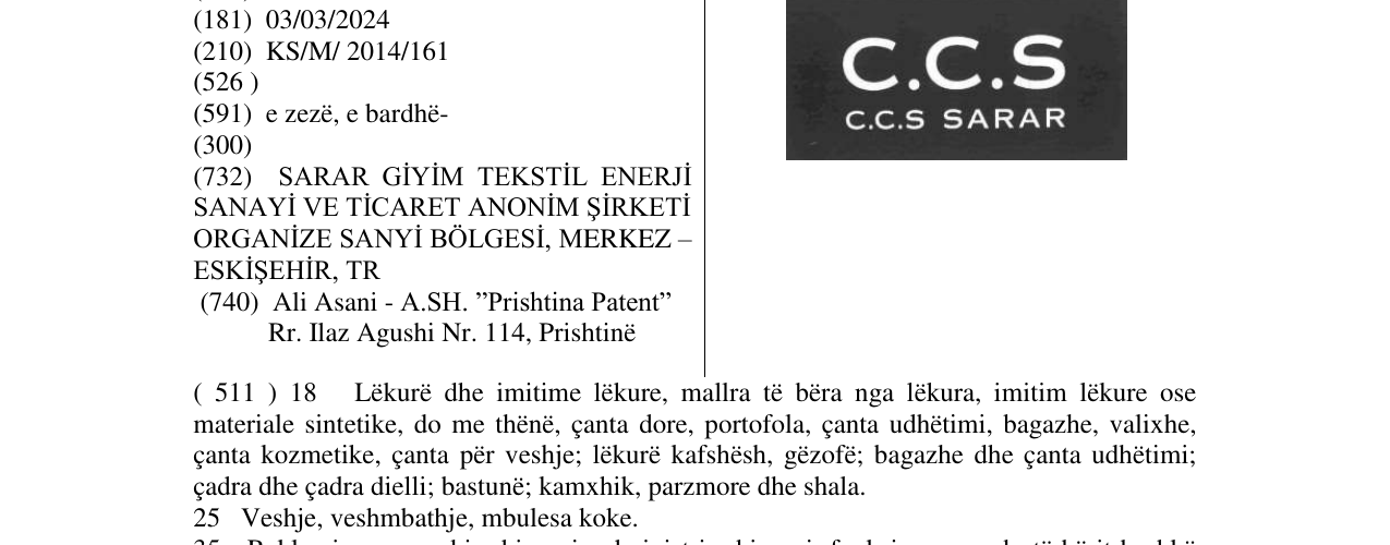 Zëri i markës C.C.S. SARAR në buletin