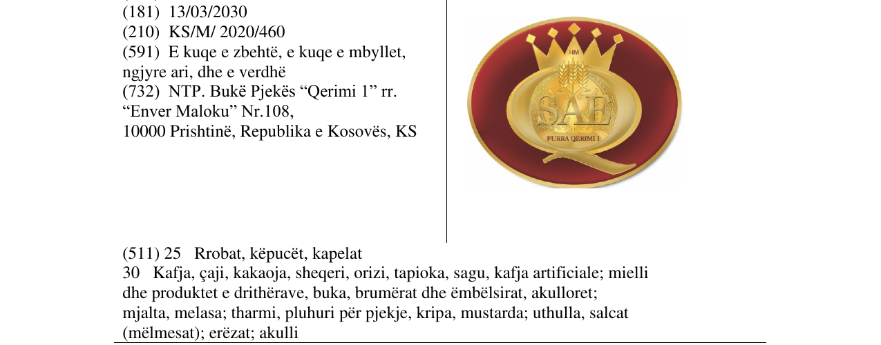 Zëri i markës SAE Furra Qerimi 1 në buletin