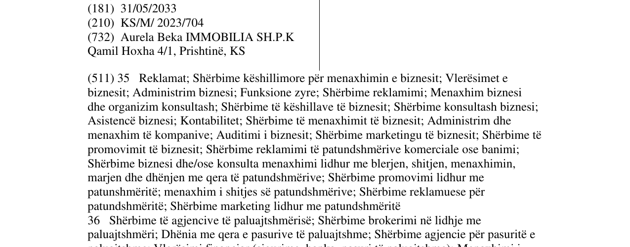 Zëri i markës IMMOBILIA në buletin
