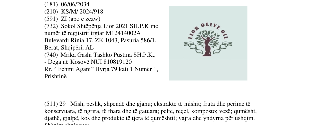 Zëri i markës LIOR OLIVE OIL në buletin