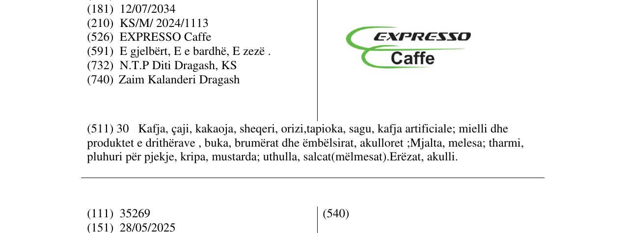 Zëri i markës EXPRESSO Caffe në buletin