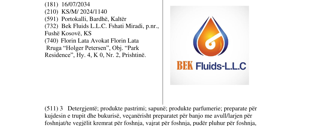 Zëri i markës BEK Fluids-L.L.C në buletin