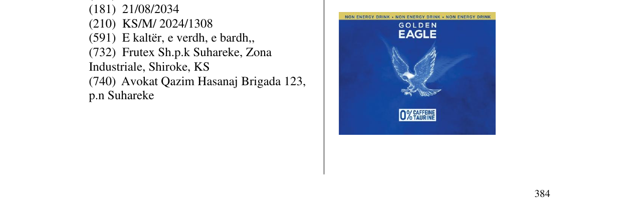 Zëri i markës GOLDEN EAGLE 0% CAFFEINE TAURINE në buletin