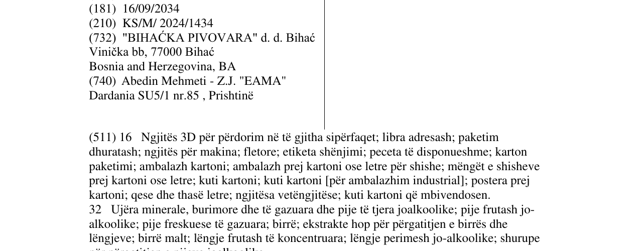 Zëri i markës BIHAĆKA PIVOVARA në buletin