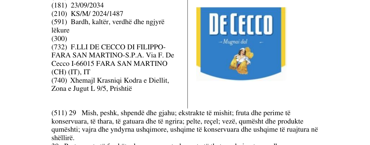 Zëri i markës DE CECCO në buletin