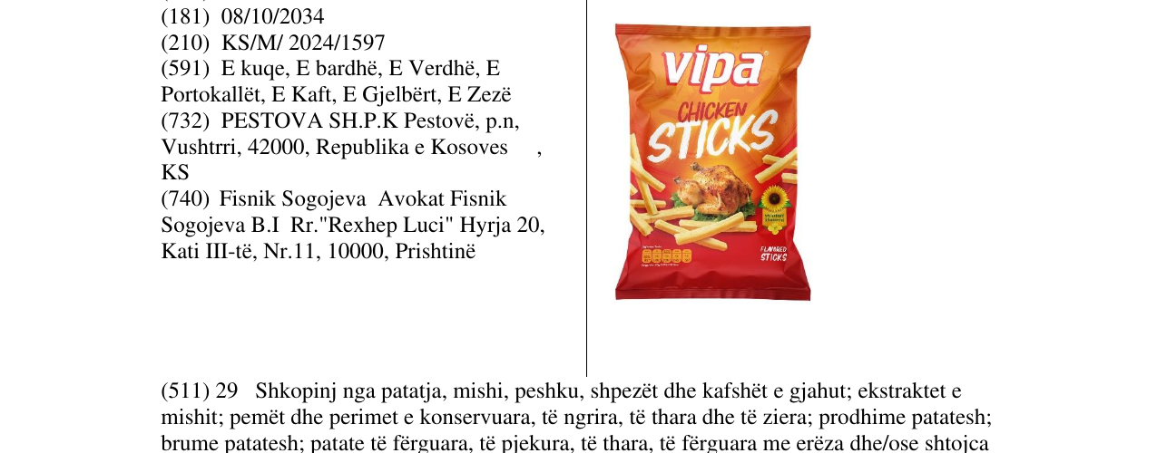 Zëri i markës VIPA CHICKEN STICKS në buletin