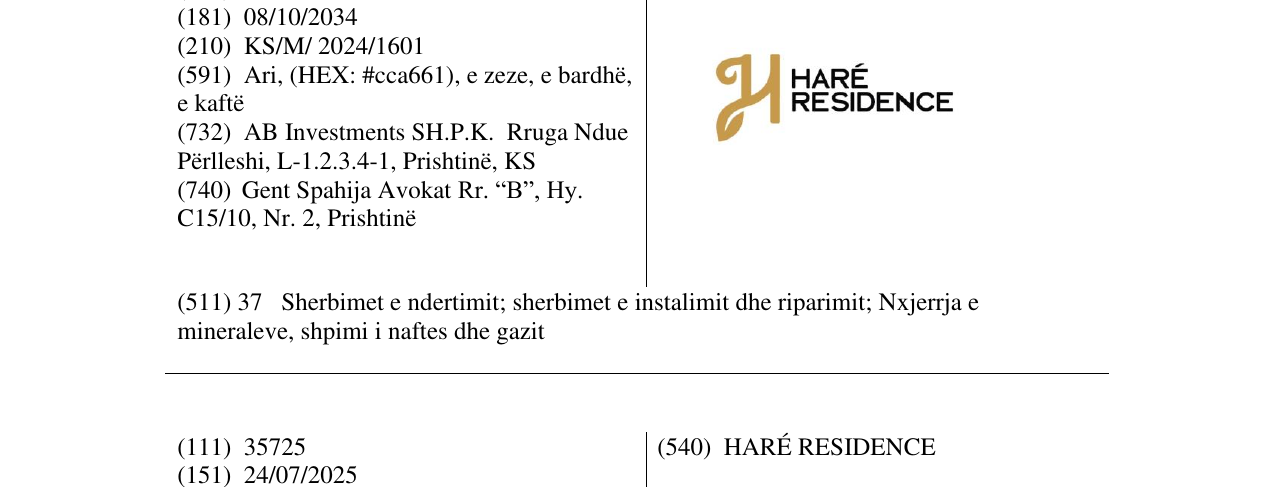 Zëri i markës HARE RESIDENCE në buletin