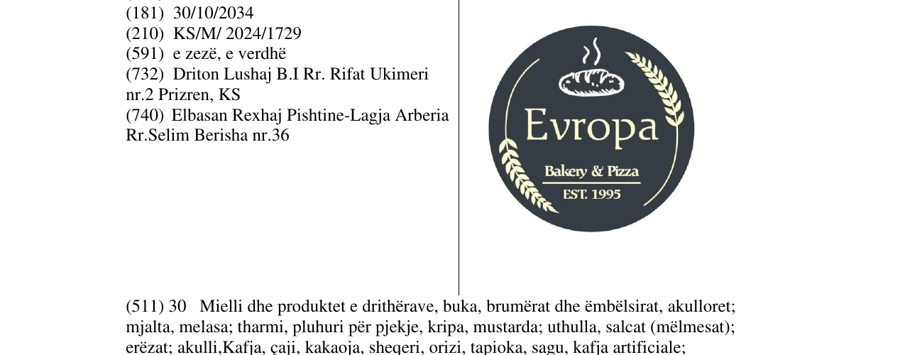 Zëri i markës EVROPA BAKERY & PIZZA në buletin