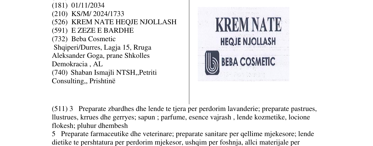 Zëri i markës KREM NATE HEQJE NJOLLASH në buletin