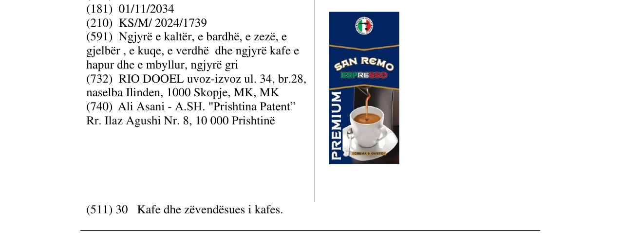 Zëri i markës SAN REMO ESPRESSO në buletin