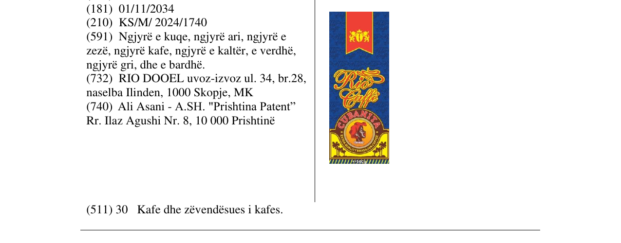 Zëri i markës RIO CAFFE CUBANITA në buletin