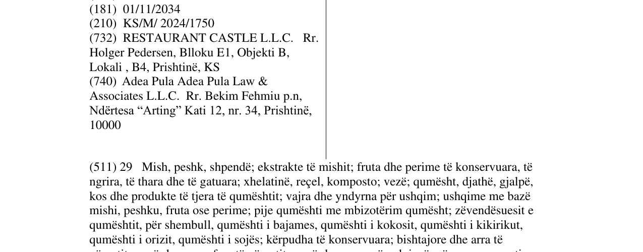 Zëri i markës ILLYRIAN CASTLE RESTAURANT në buletin