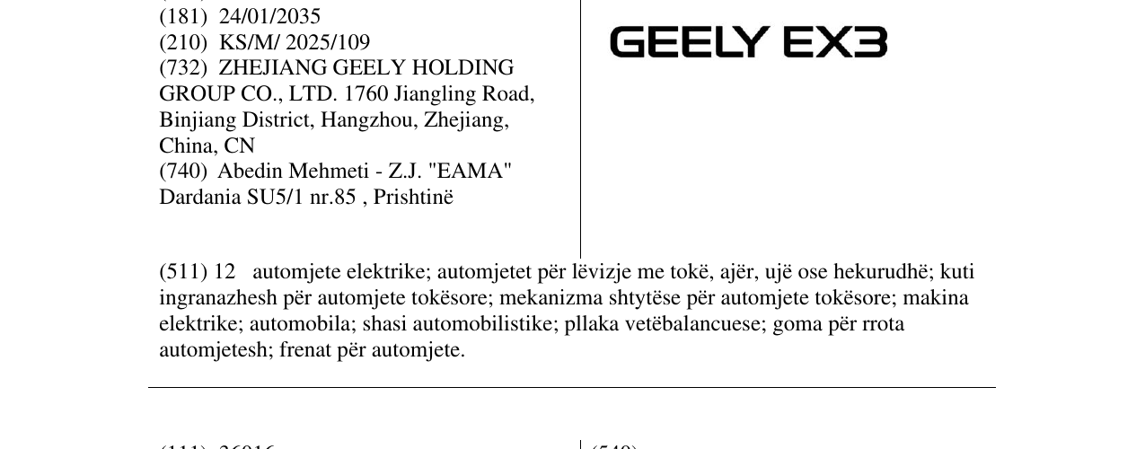 Zëri i markës GEELY EX3 në buletin