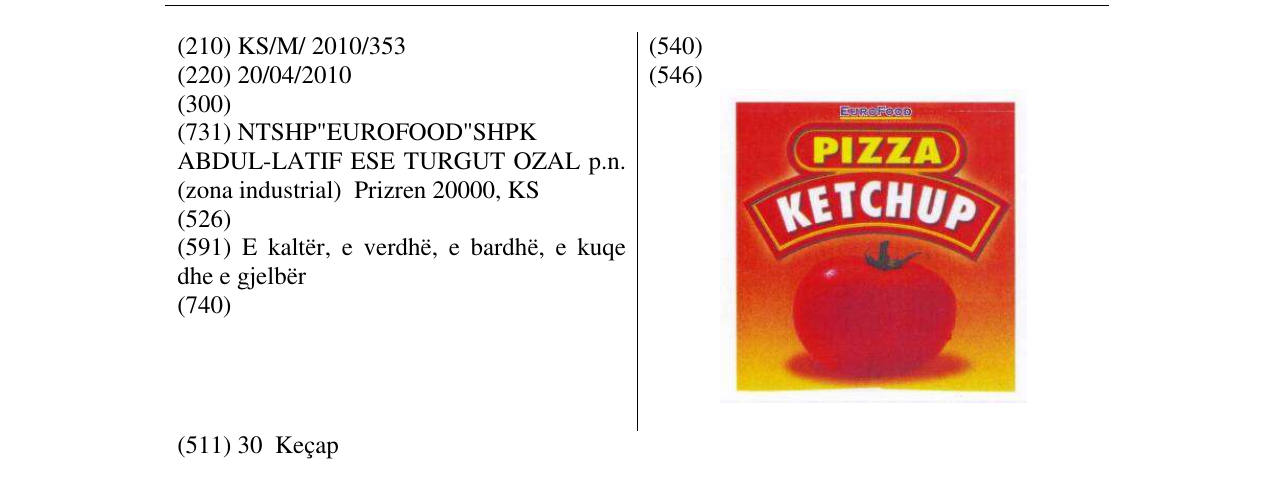 Zëri i markës PIZZA KETCHUP në buletin