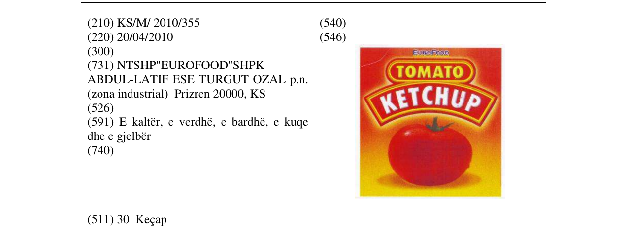 Zëri i markës TOMATO KETCHUP në buletin