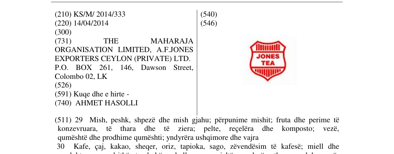 Zëri i markës JONES TEA në buletin