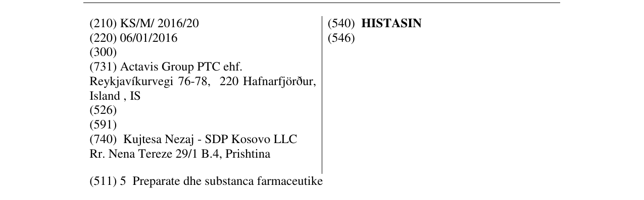Zëri i markës HISTASIN në buletin