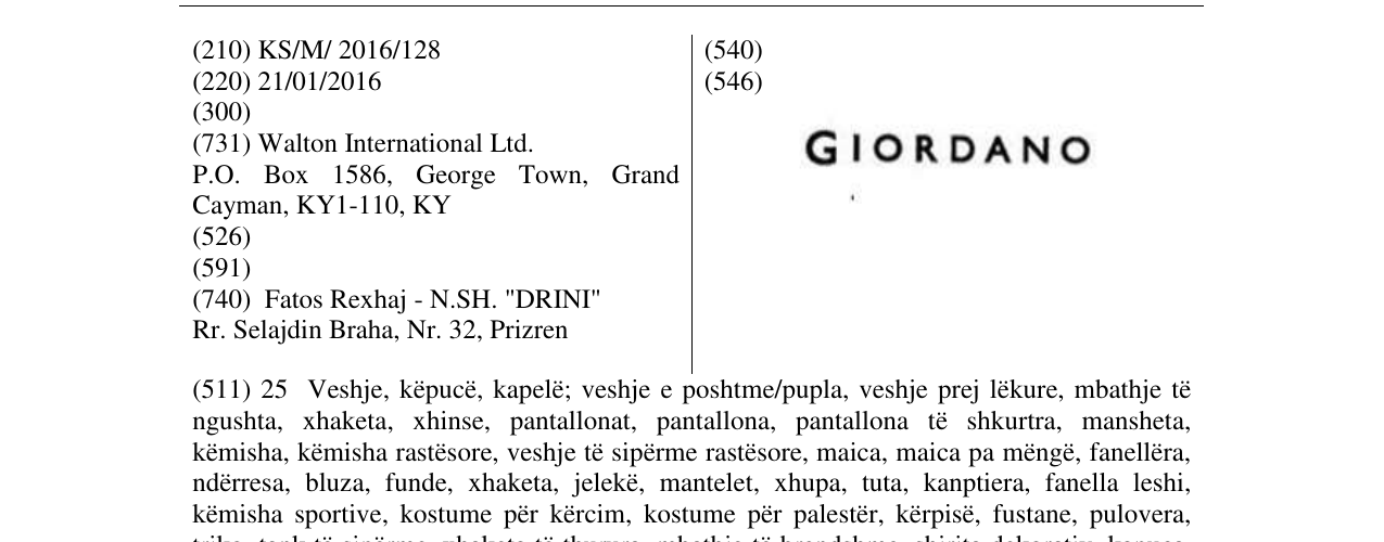 Zëri i markës GIORDANO në buletin