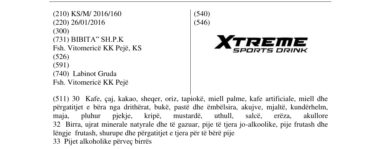 Zëri i markës XTREME SPORTS DRINK në buletin