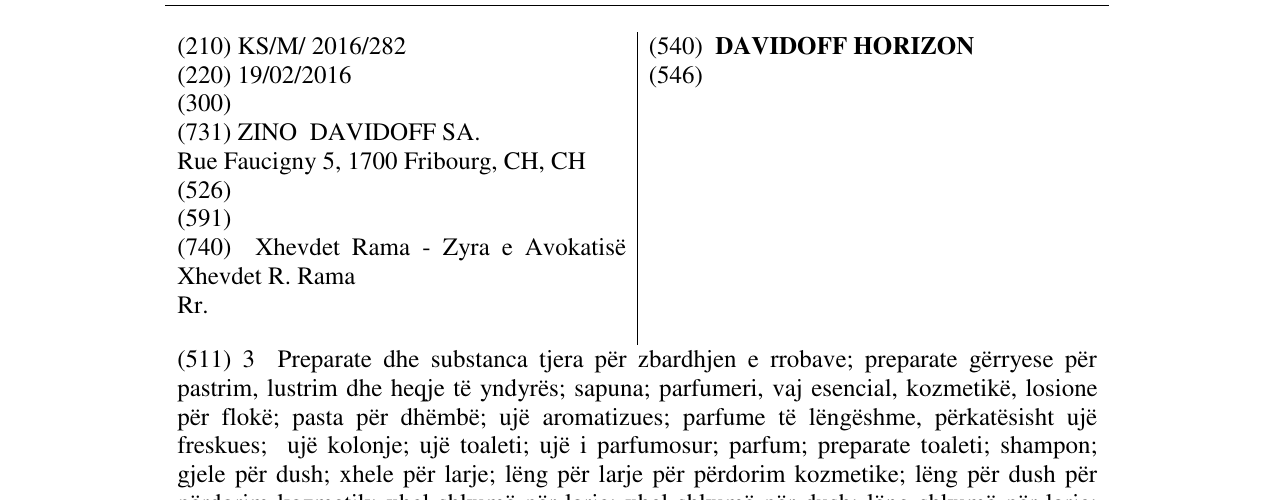 Zëri i markës DAVIDOFF HORIZON në buletin