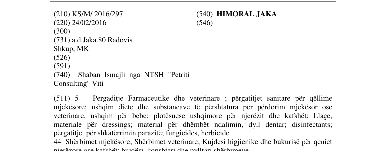 Zëri i markës HIMORAL JAKA në buletin