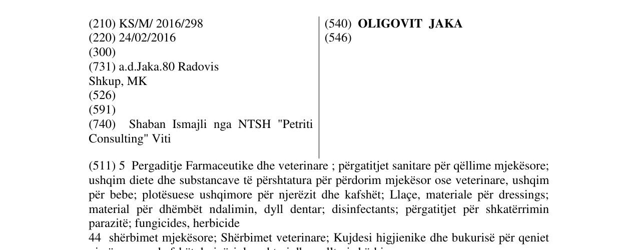 Zëri i markës OLIGOVIT JAKA në buletin