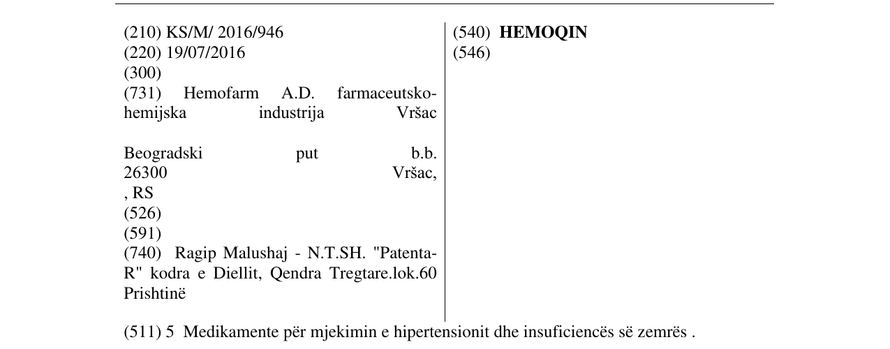 Zëri i markës HEMOQIN në buletin