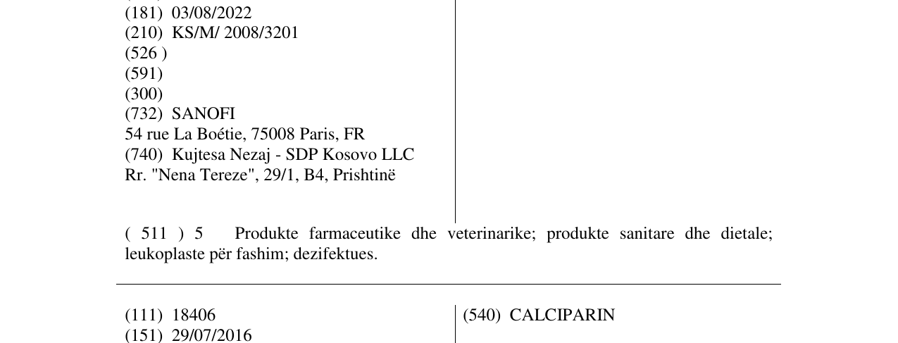 Zëri i markës CALCIPARINE në buletin