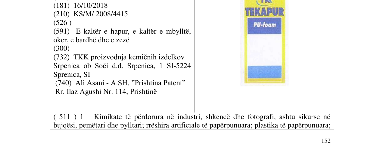 Zëri i markës TKK TEKAPUR në buletin