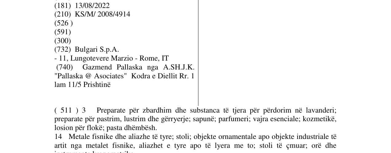 Zëri i markës BVLGARI në buletin