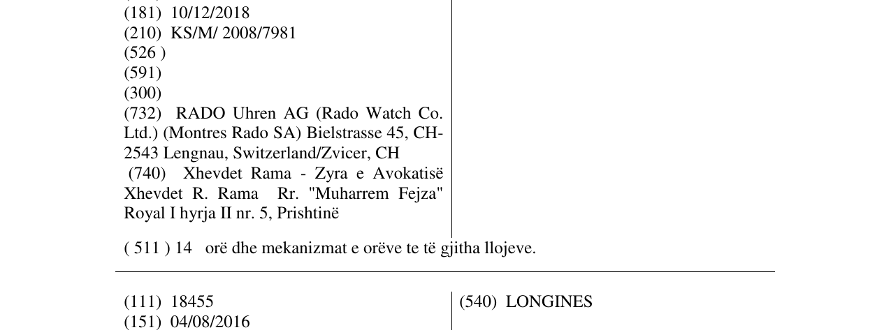 Zëri i markës RADO në buletin