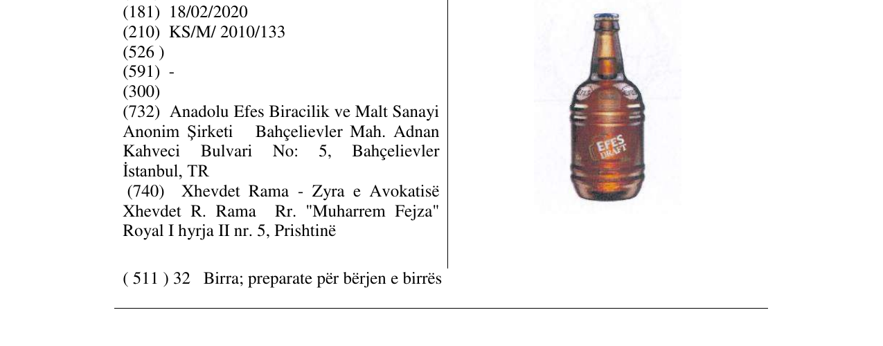 Zëri i markës EFES DRAFT në buletin