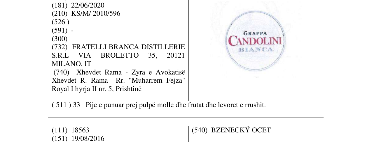 Zëri i markës GRAPPA CANDOLINI BIANCA në buletin