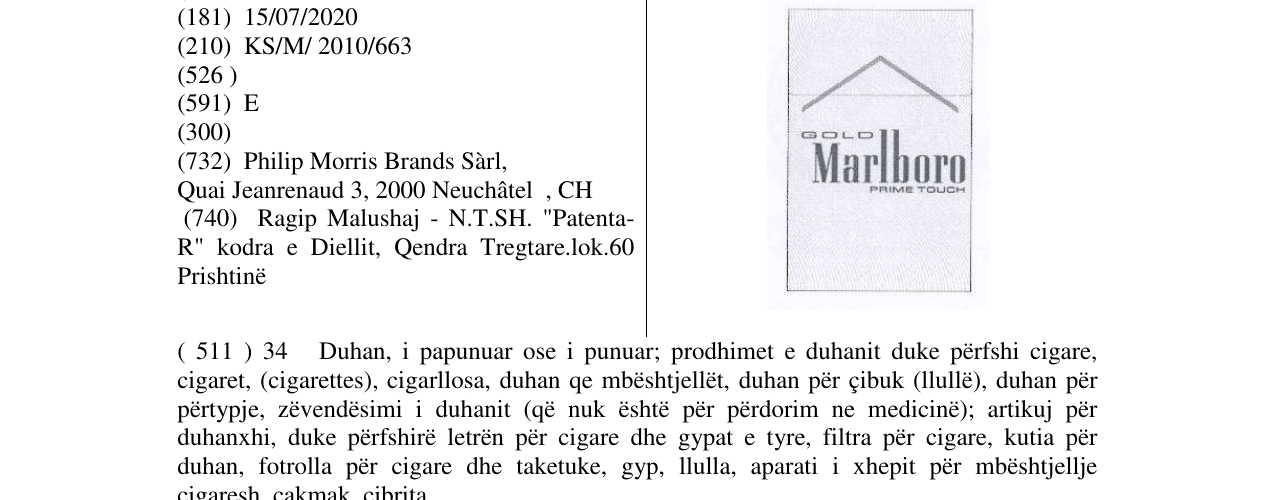 Zëri i markës GOLD Marlboro PRIME TOUCH në buletin