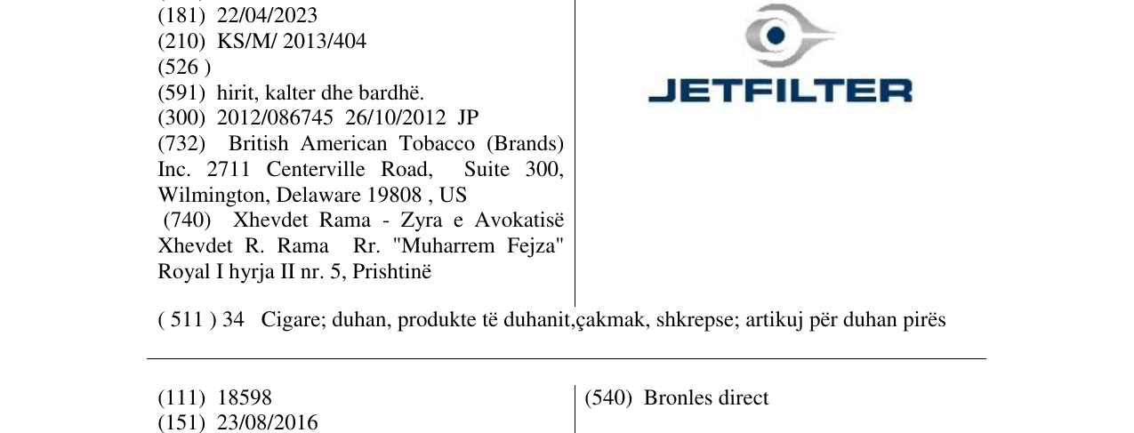 Zëri i markës JETFILTER në buletin
