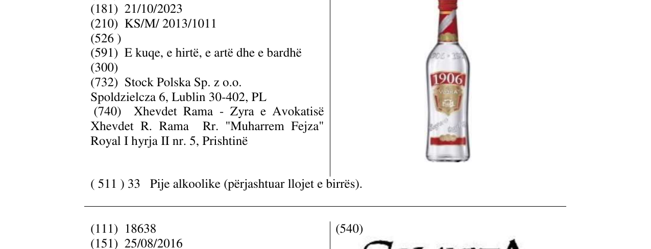 Zëri i markës VODKA 1906 në buletin
