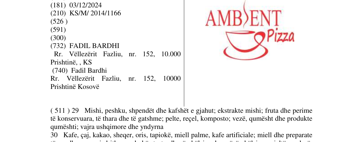 Zëri i markës AMBIENT Pizza në buletin