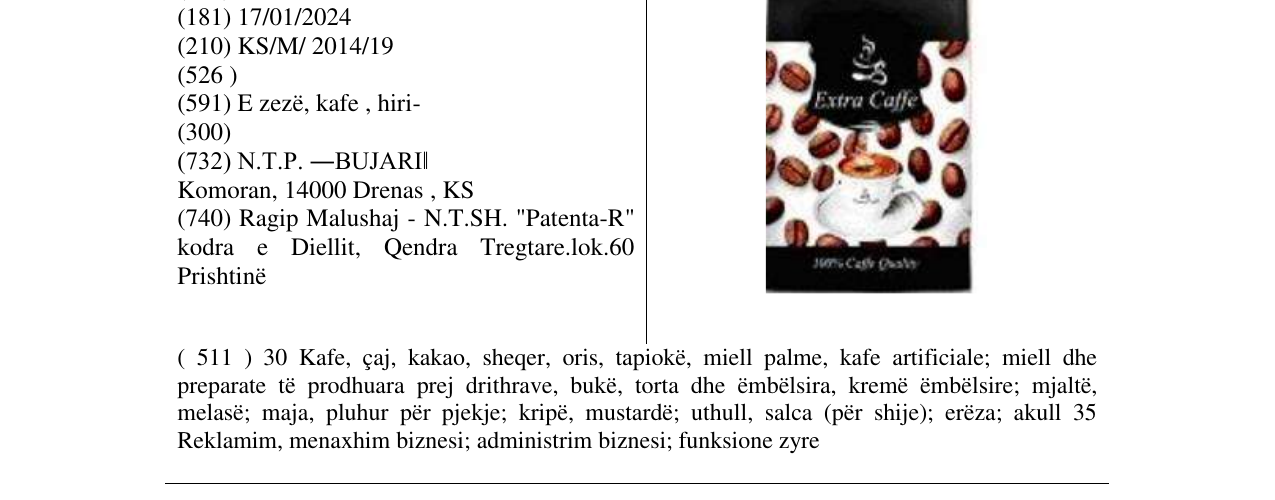 Zëri i markës Extra Caffe në buletin